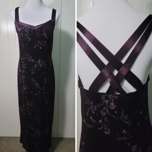 Vtg Y2k Whimsigoth Metallic Floral Velvet Halter Maxi Dress Plum CDC 8